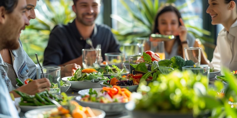 People sitting around a table with various nutritious meal and glasses