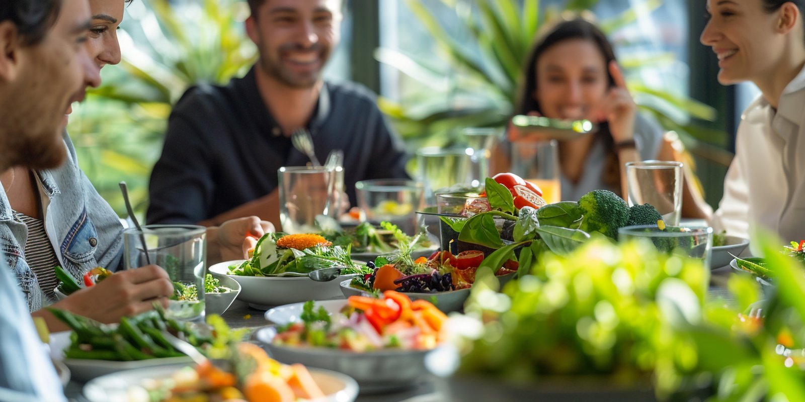 People sitting around a table with various nutritious meal and glasses